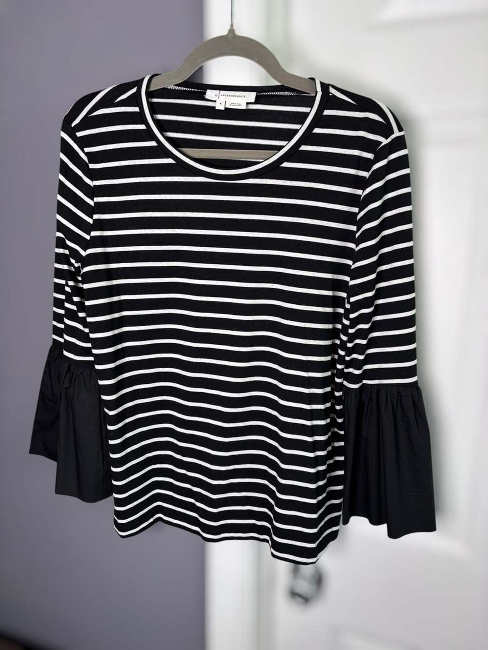 Anthropologie Black White Striped Bell Sleeve Top Medium